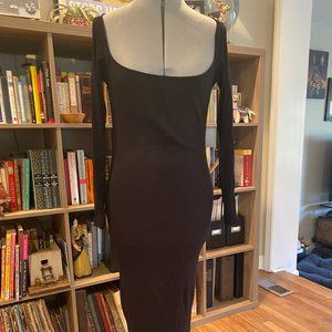 Deep Scoop-Neck Ribbed Long Black Dress